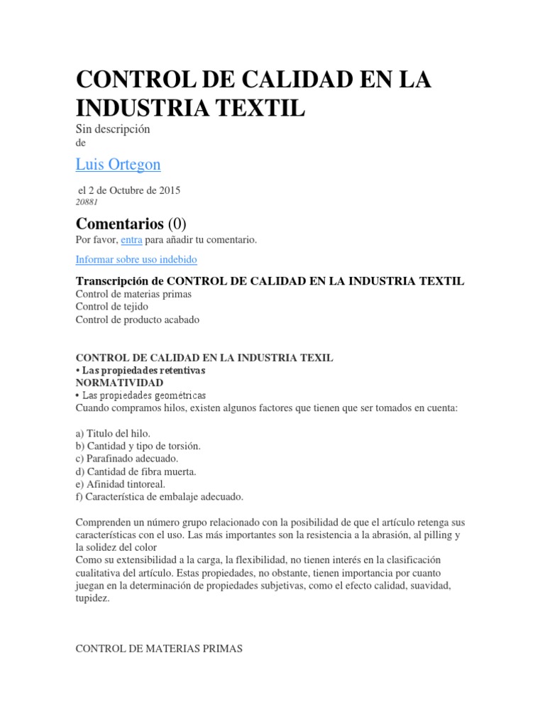 Control de Calidad en La Industria Textil | PDF | Textiles | Calidad ...