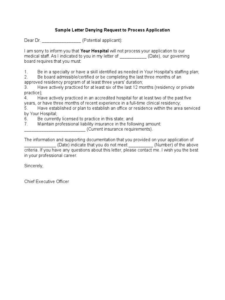 Denial Letter for Medical Staff Application | PDF