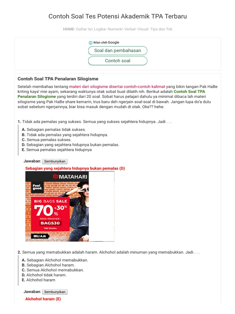 Contoh Soal Tpa Penalaran Silogisme Contoh Soal Tes Potensi Akademik Tpa Terbaru