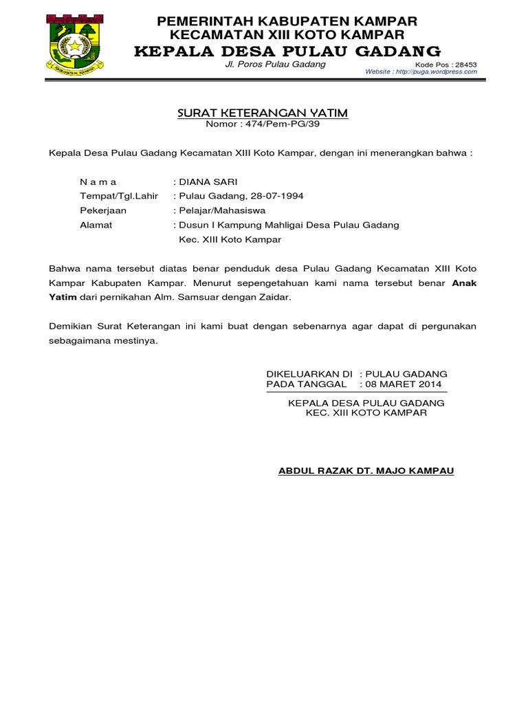 Surat Keterangan Yatim Contoh Surat Rekomendasi Cerai Dari Kepala