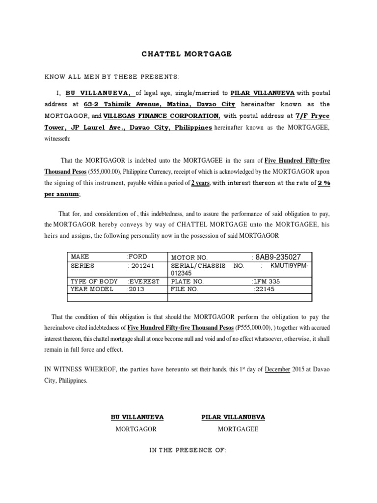 Chattel Mortgage 7/F Pryce Tower, JP Laurel Ave., Davao City