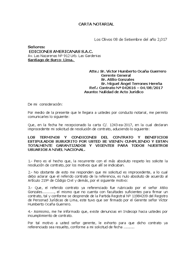 Carta notarial resolucion de contrato 2222 gobierno pol tica