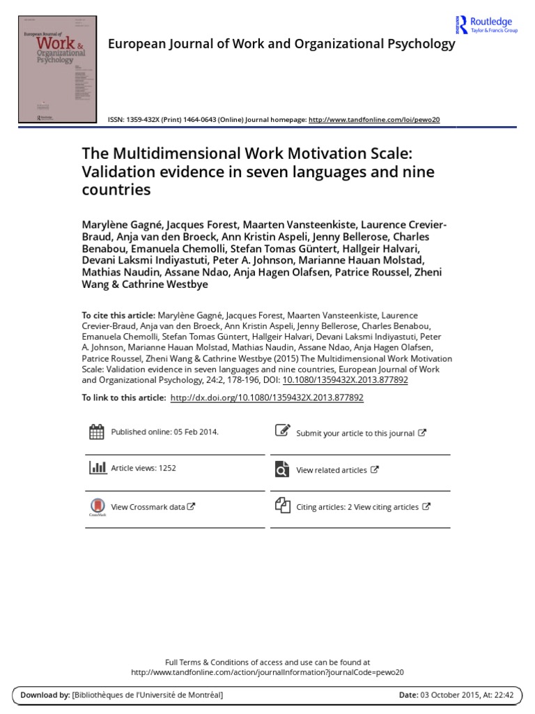 Multidimensional Work Motivation Scale PDF Motivation Motivational