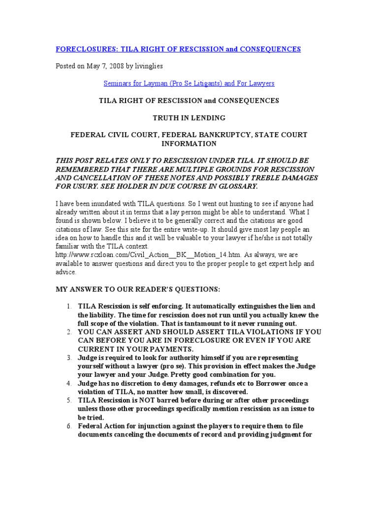 Tila Rescission - Rights and Consequences | PDF