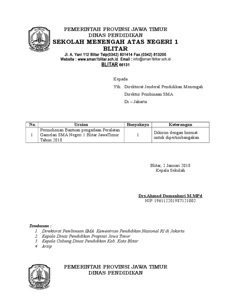 Proposal Pengadaan Alat Gamelan SMA 1 Blitar