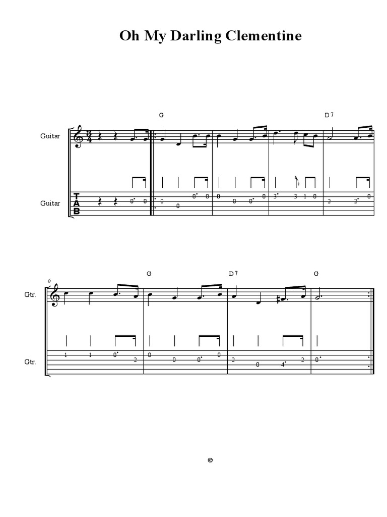 Oh My Darling Clementine Musical Notation