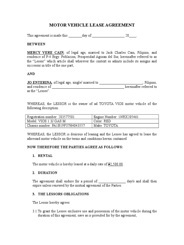 A Red Toyota for Rent: Terms and Conditions of a Motor Vehicle Lease ...