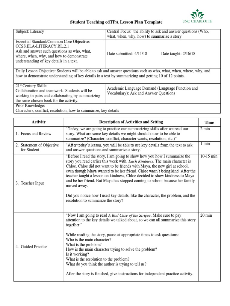 Literacy edTPA Lesson Plan Template | PDF | Educational Assessment ...