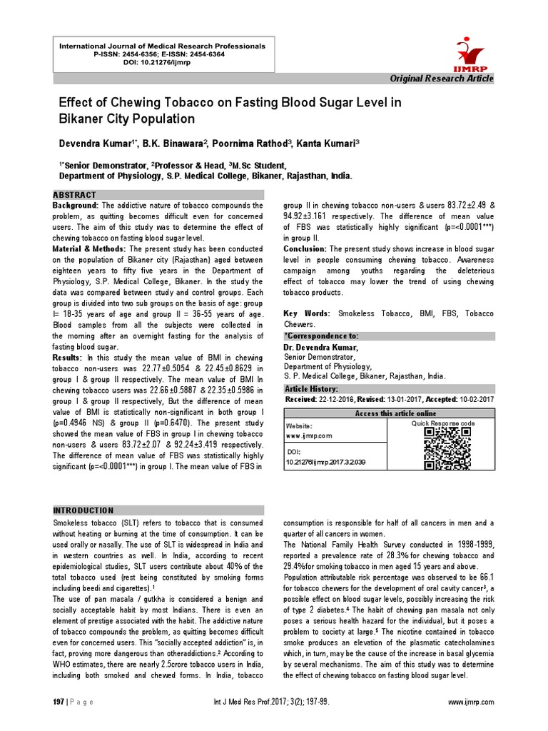 Effect of Chewing Tobacco On Fasting Blood Glucose Levels PDF Tobacco Smoking Addiction