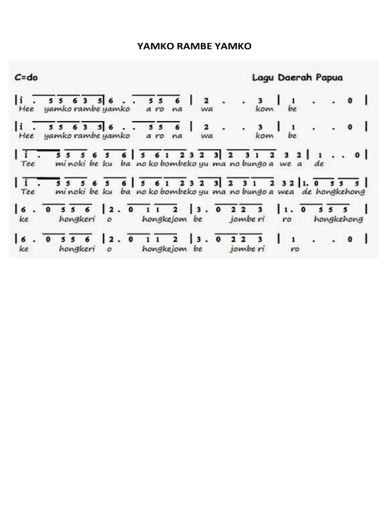Not Angka Lagu Yamko Rambe Yamko Koleksi Not Angka