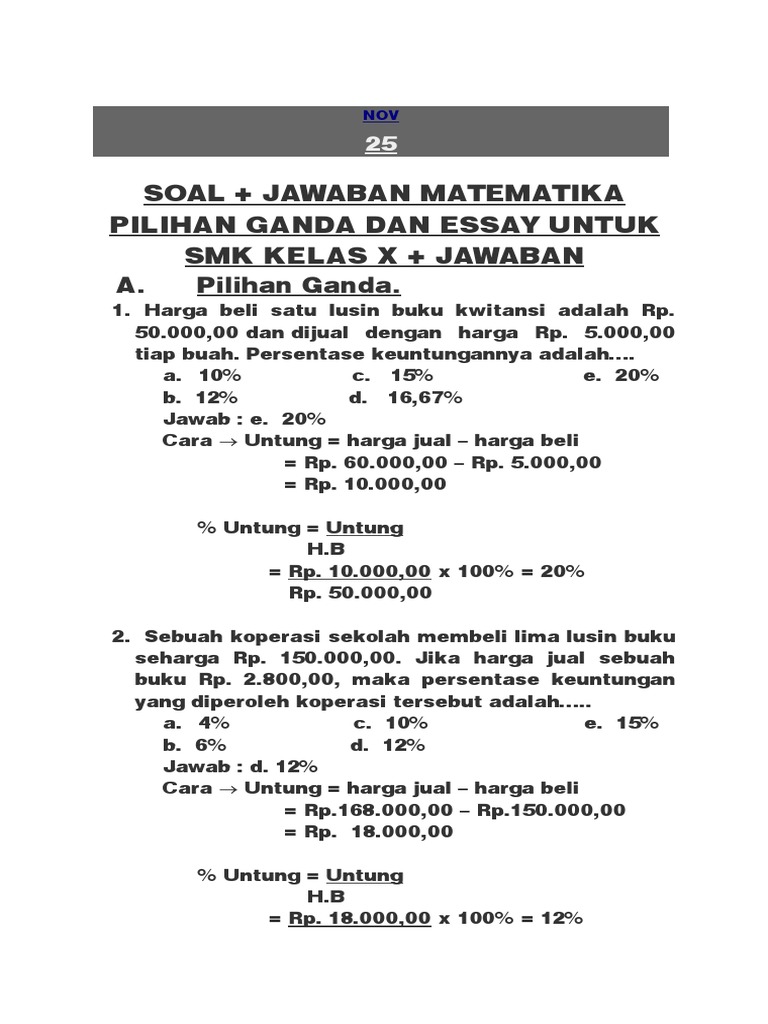 Contoh Soal Essay Matematika Kelas 6 Sd Soal Kelasmu