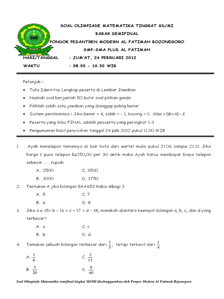 Contoh Soal Olimpiade Matematika Tingkat Smp