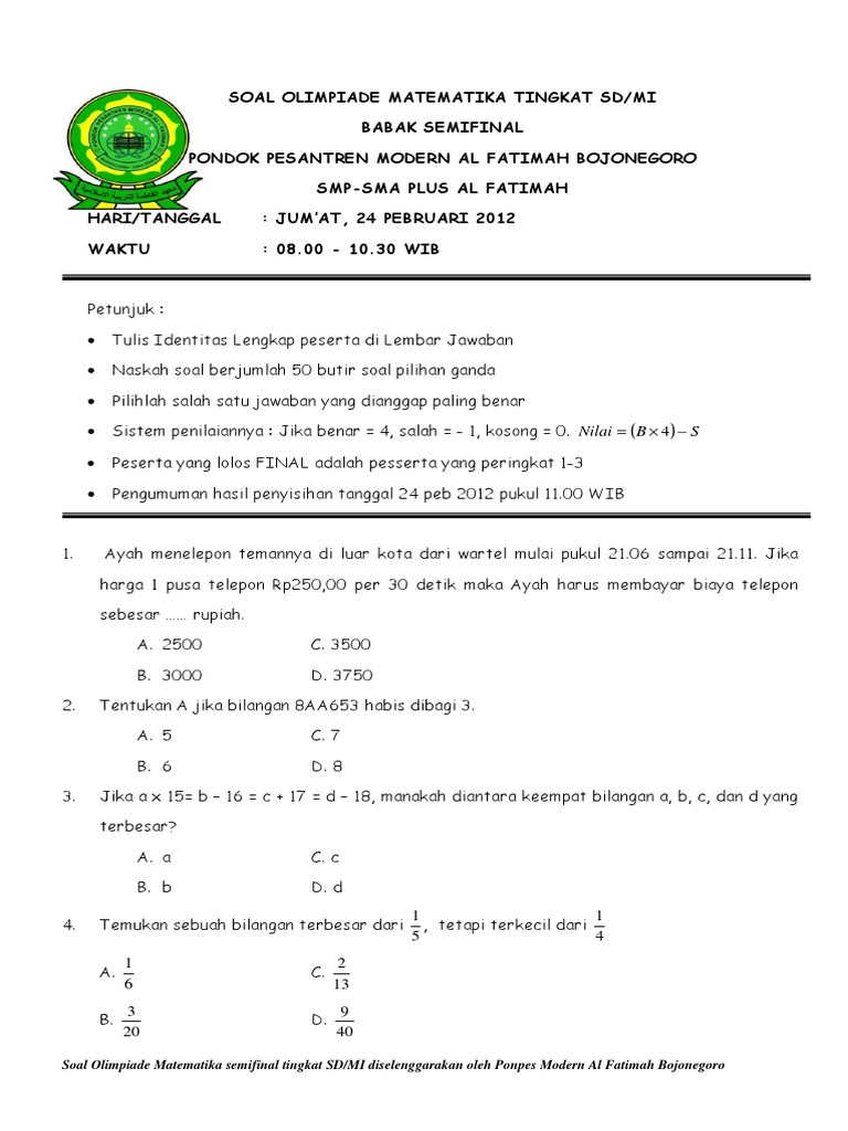 Soal Olimpiade Matematika Dan Fisika Smp Beserta Pembahasannya 2018