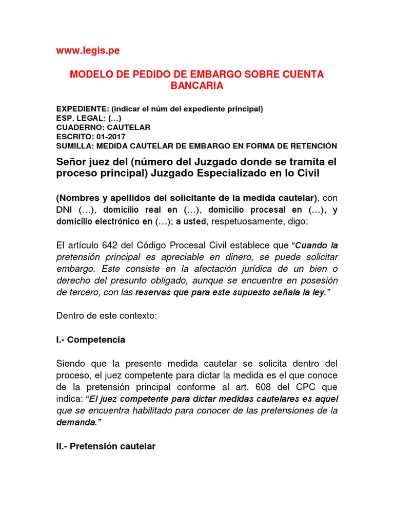 Modelo de Medida Cautelar de Embargo | PDF | Mandato | Ley procesal