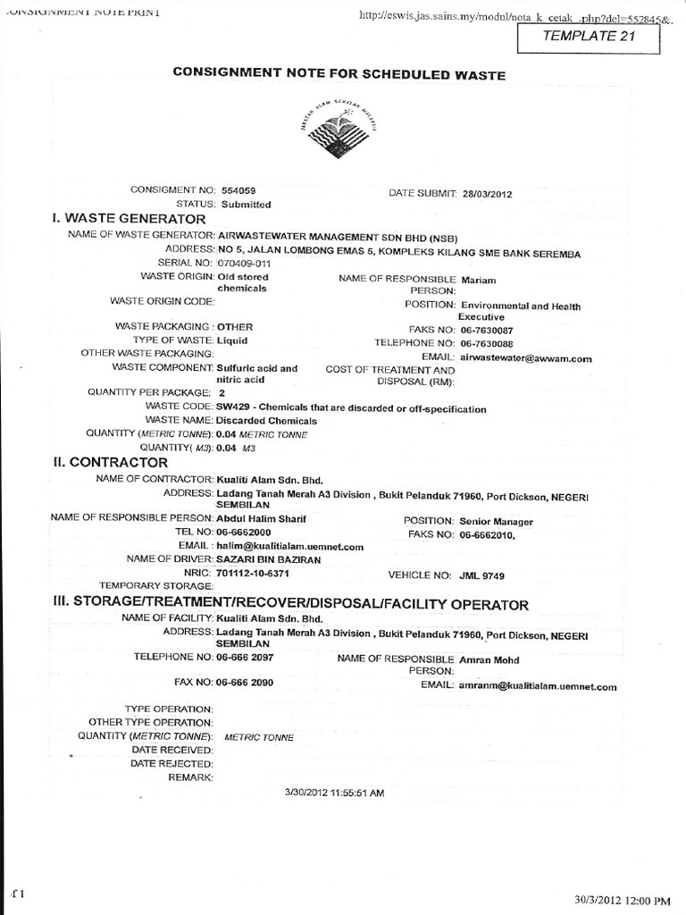 E-Consignment Note For Scheduled Waste | PDF