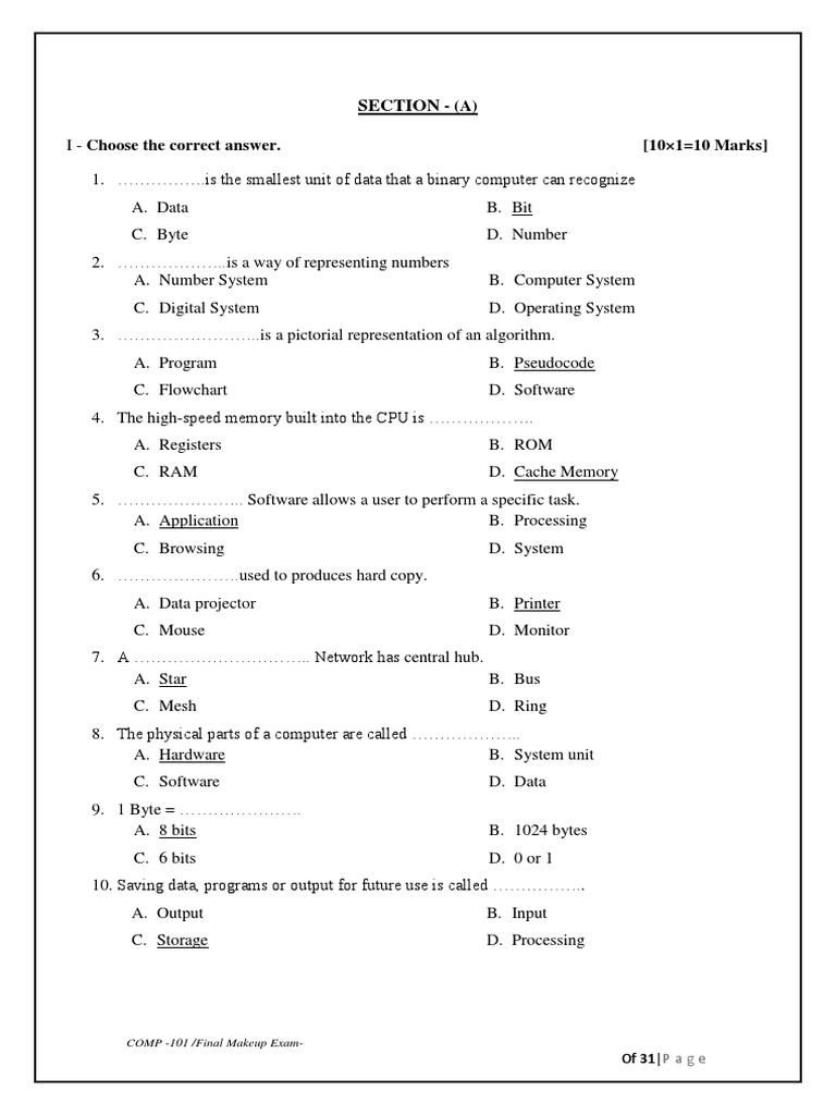 Section: COMP - 101 /final Makeup Exam | PDF | Computer Data Storage ...
