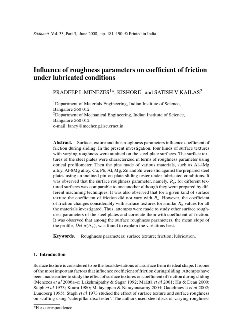 Influence of Roughness Parameters On Coefficient of Friction Under ...