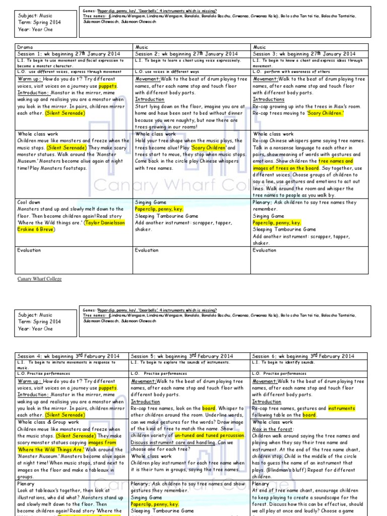 Music Scheme of Work for Reception 2014 | PDF | Singing | Songs
