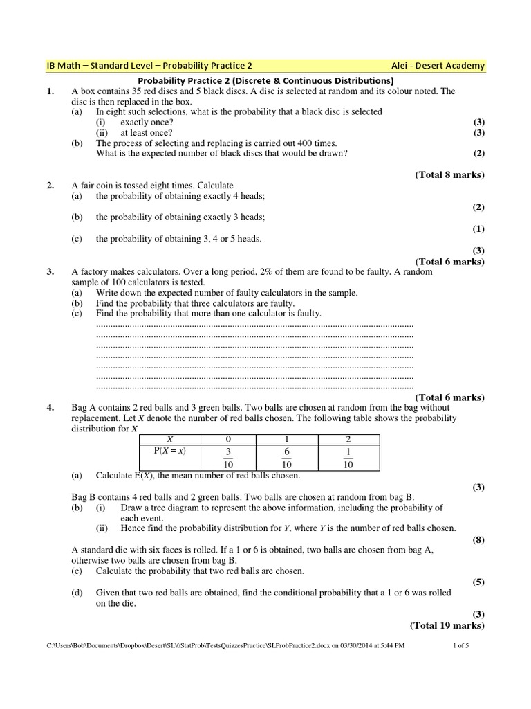 Probability Practice 2 (Discrete & Continuous Distributions) | PDF ...
