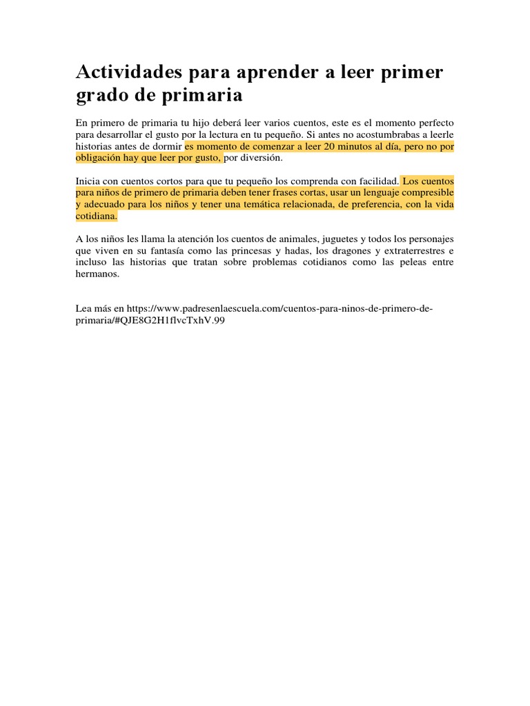 Actividades para Aprender A Leer Primer Grado de Primaria | PDF