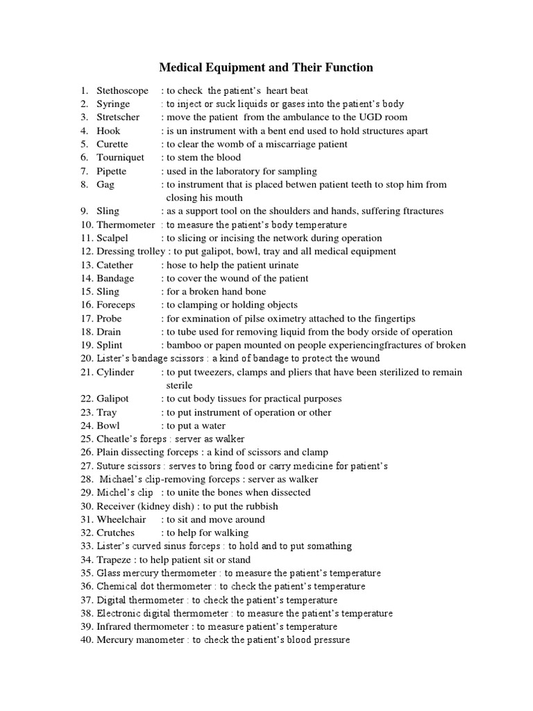 Medical Equipment and Their Uses | PDF
