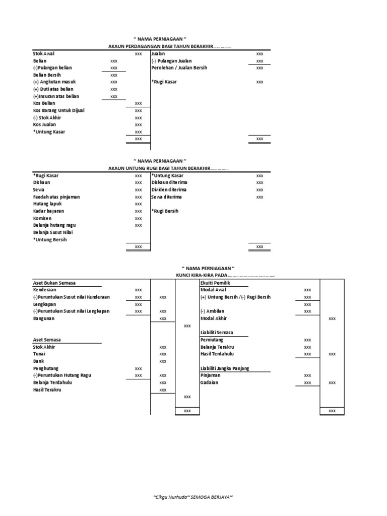 Format Akaun Perdangangan Untung Rugi Kunci Kira Kira Pdf