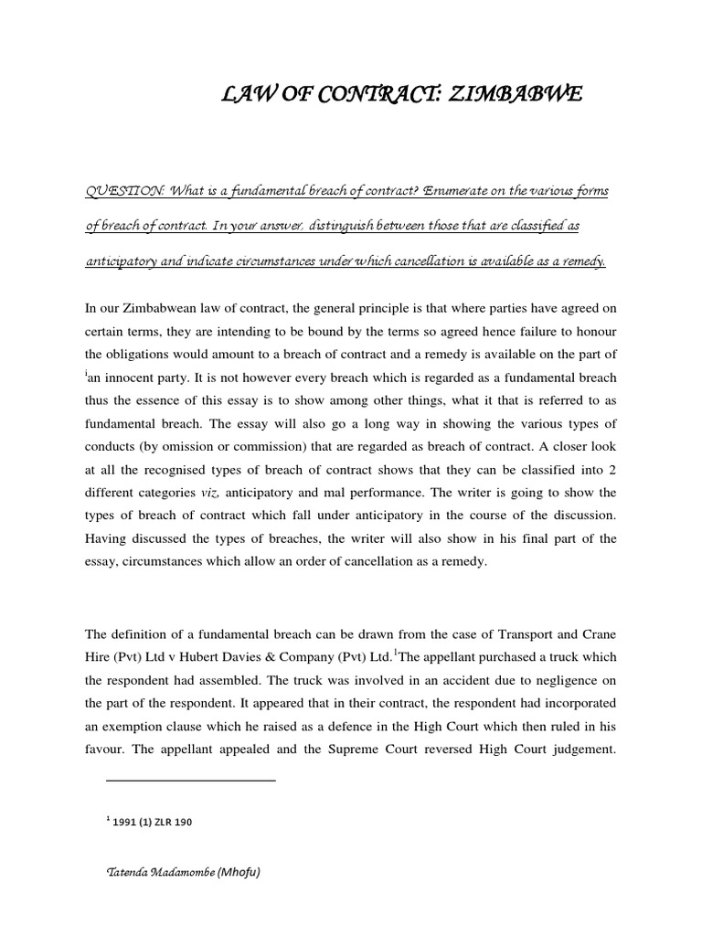 Law of Contract: Zimbabwe | PDF | Breach Of Contract | Payments