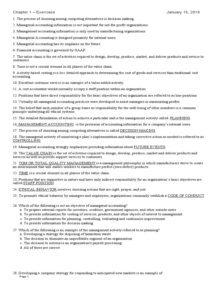 Managerial Accounting Chapter 1 Exercises | PDF | Management Accounting ...
