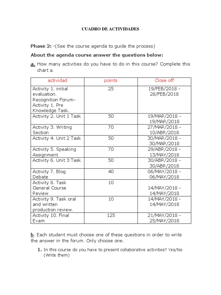 Cuadro de Actividades: A. How Many Activities Do You Have To Do in This ...