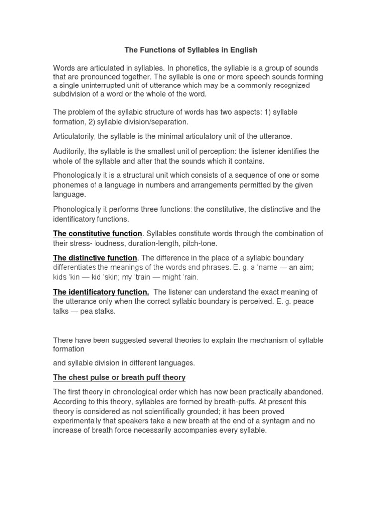 Functions of Syllables in English | PDF | Syllable | Phonology