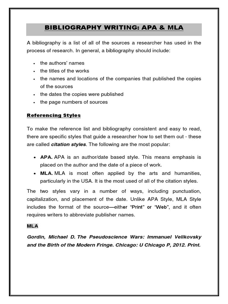 Bibliography Writing: Apa & Mla: Referencing Styles | PDF