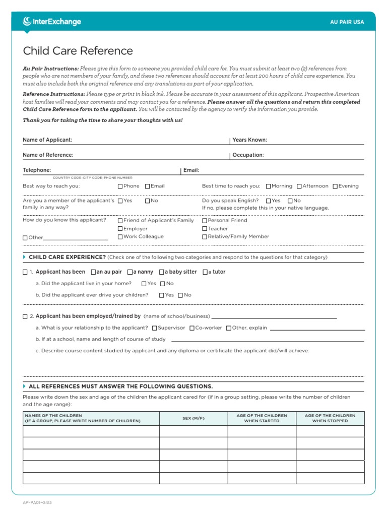 Child Care Reference Form for Au Pairs | PDF | Child Care | Relationships