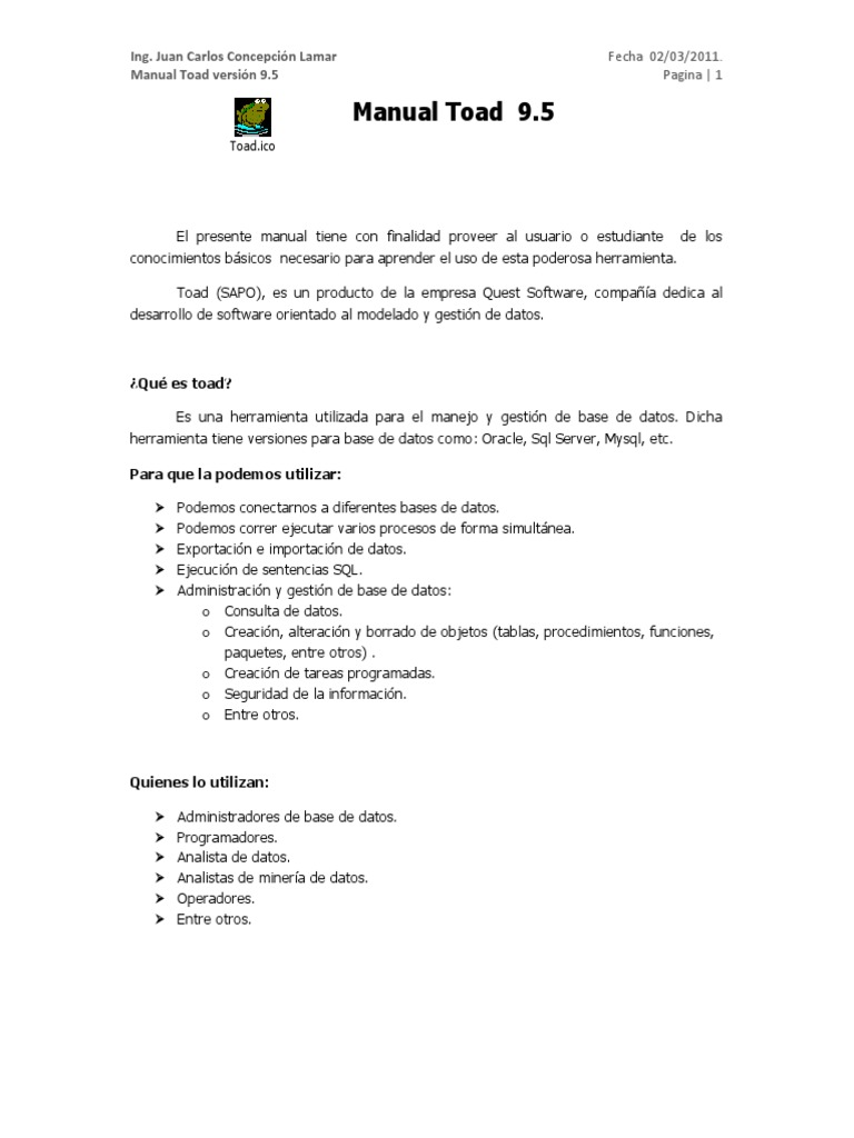 Manual de Toad 9.5: Guía de Uso Básico | PDF | SQL | Bases de datos