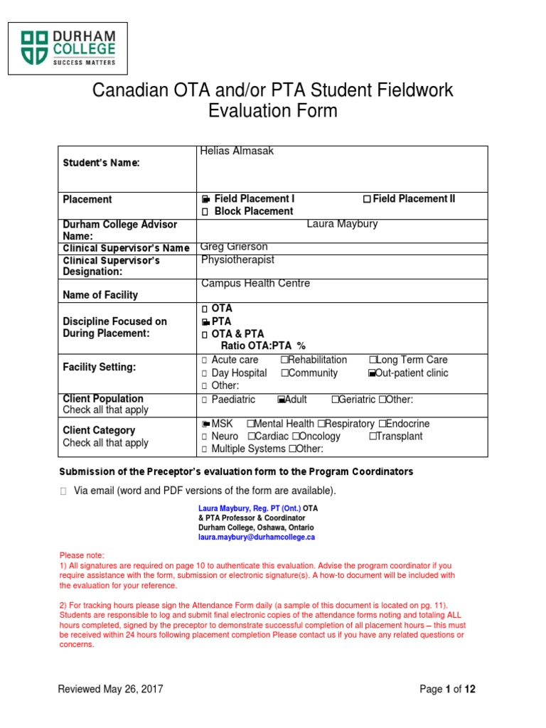 Canadian Ota Pta Fieldwork Evaluation Form Durham College 2017 2018