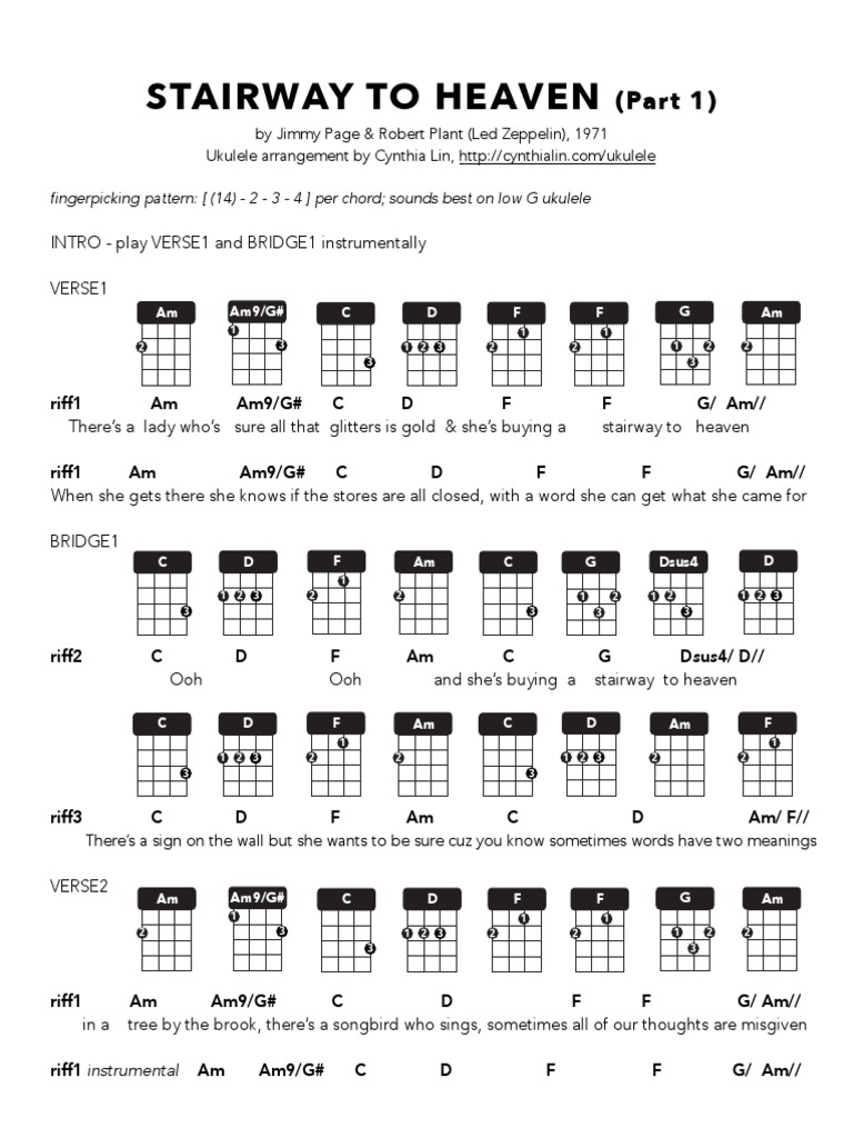 Stairway to Heaven Part 1 Ukulele Chord Chart Rock Music Jimmy Page