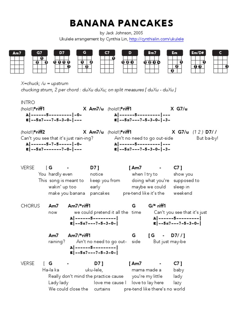 Banana Pancakes Ukulele Chord Chart Vocal Music Musical Compositions