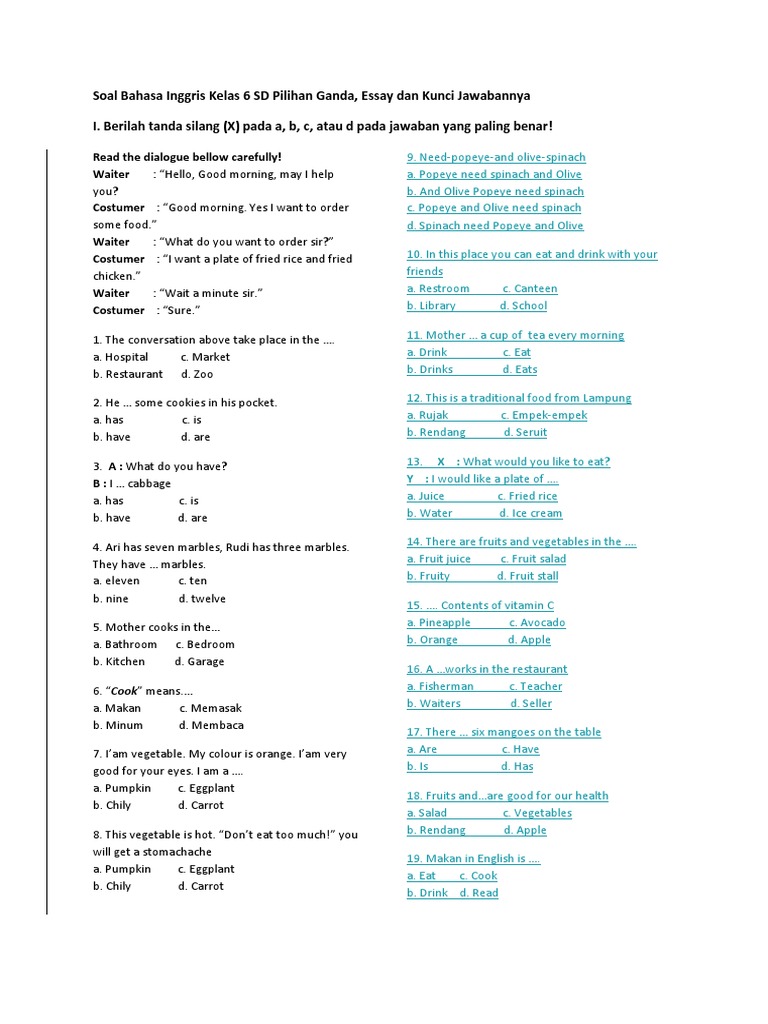 Soal Bahasa Inggris Kelas 6 Sd Pilihan Ganda Cuisine Food And Drink