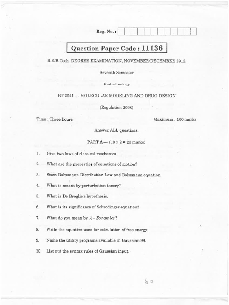 Molecular Modelling and Drug Design Question Paper PDF