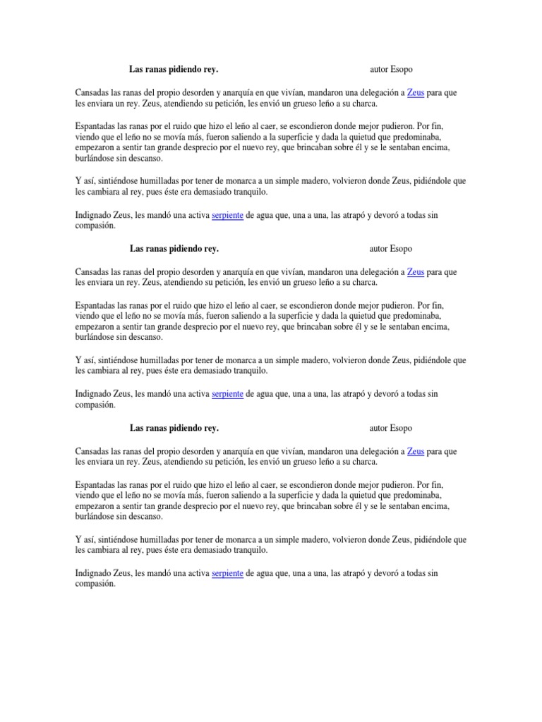 Las ranas pidiendo rey: fábula de Esopo | PDF | Violencia
