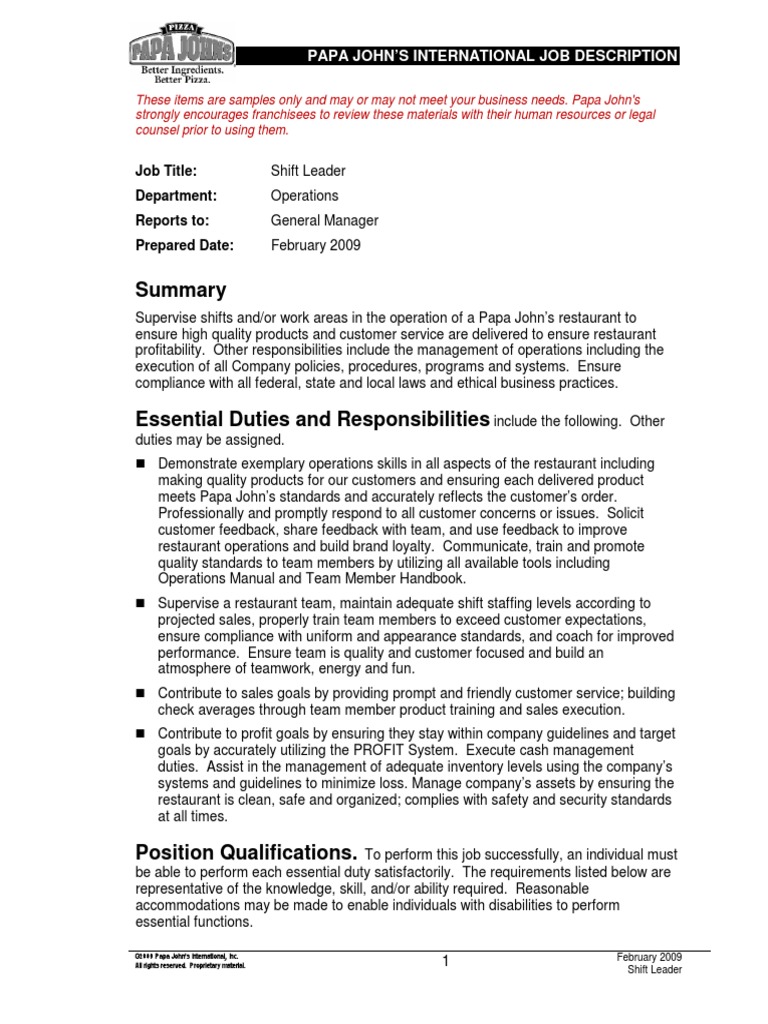 Shift Leader Rev 2-2009 1 | PDF | Business | Business (General)