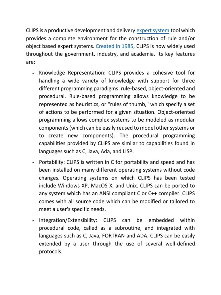 CLIPS Expert System Tool 40 Character PDF Programming Language