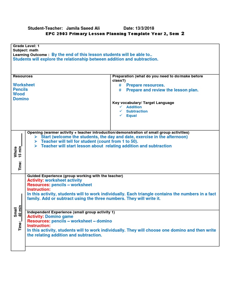 Grade 1 Math Lesson Plan: Addition & Subtraction | PDF | Lesson Plan ...