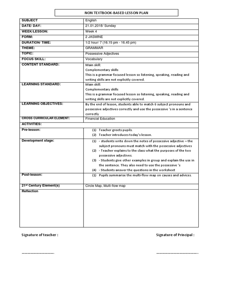 Possessive Adjectives Lesson Plan | PDF | Lesson Plan | English Language