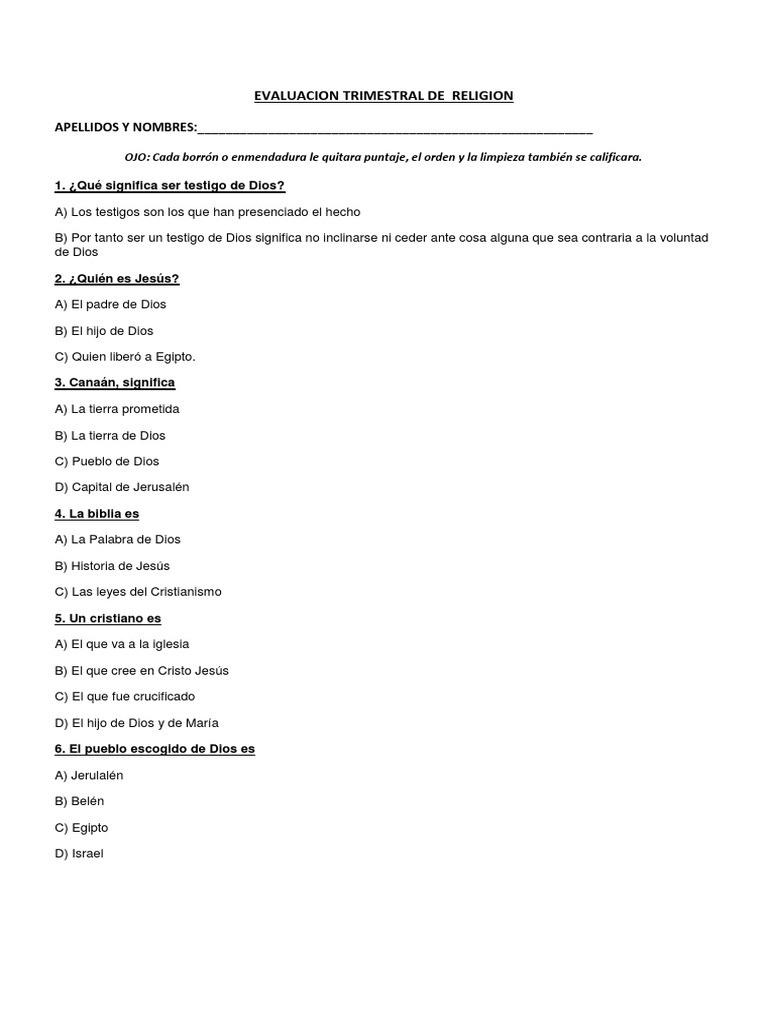 Evaluación Trimestral de Religión | PDF | Dios en el cristianismo | Biblia