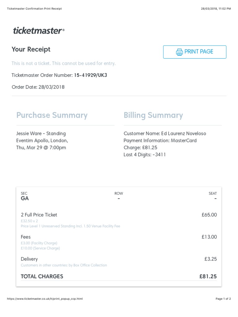Ticketmaster Confirmation Print Receipt PDF