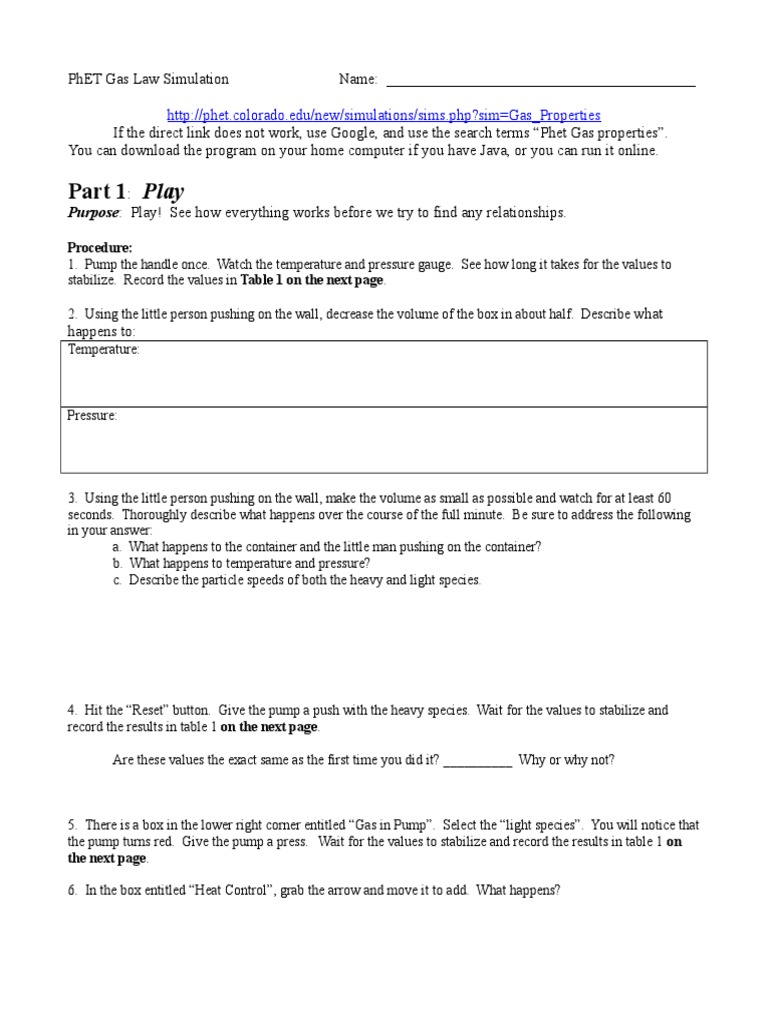 phet gas law simulation activity18 Temperature Gases