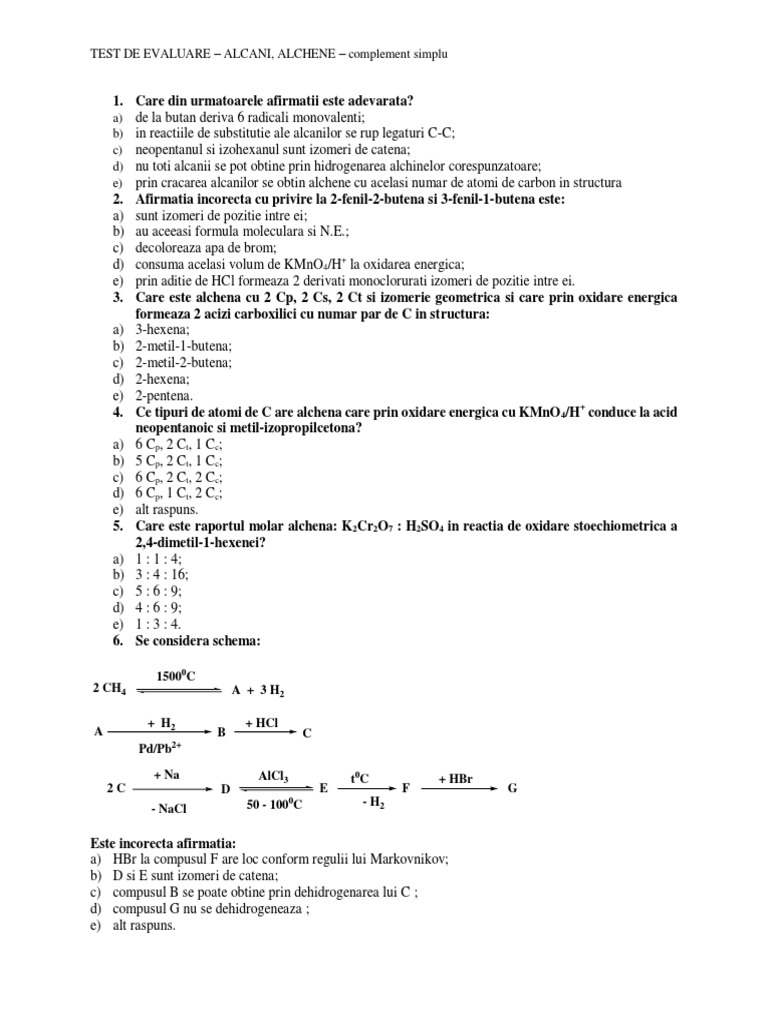 Test de Evaluare - Alcani Si Alchene - Complement Simplu | PDF