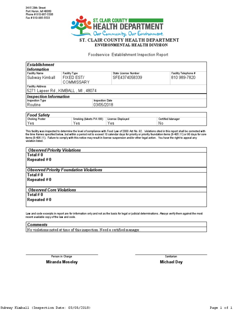 Subway Kimball Inspection Report 2018 | PDF | Government Information ...