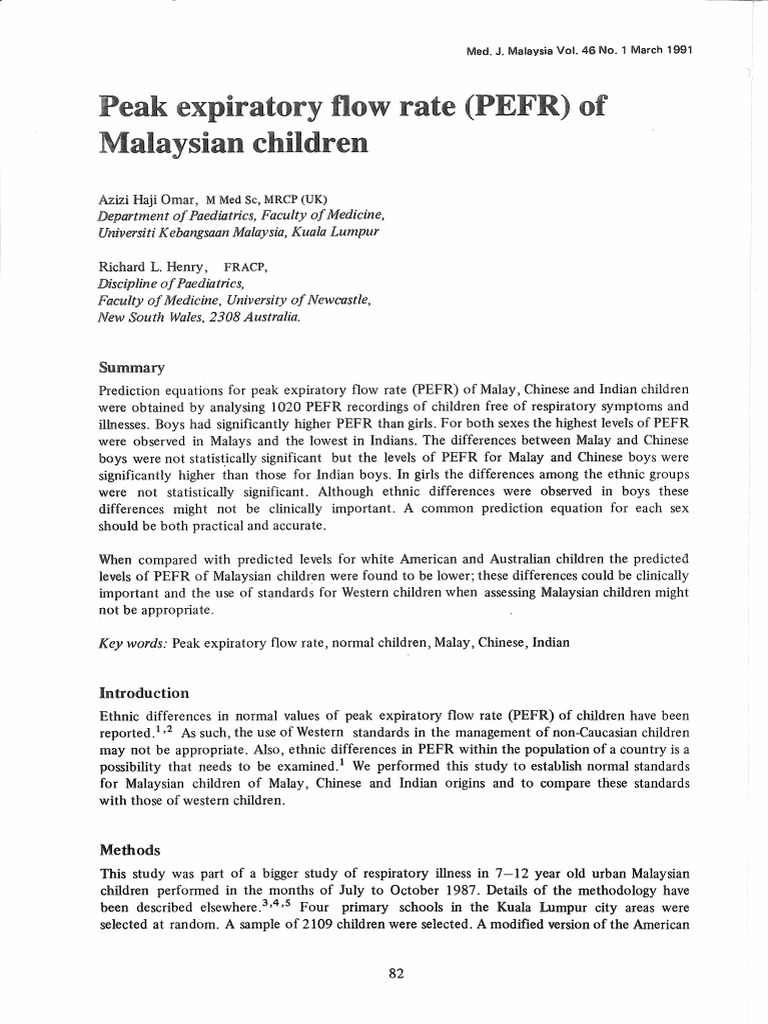 Peak Expiratory Flow Rate PDF Malaysia Asthma