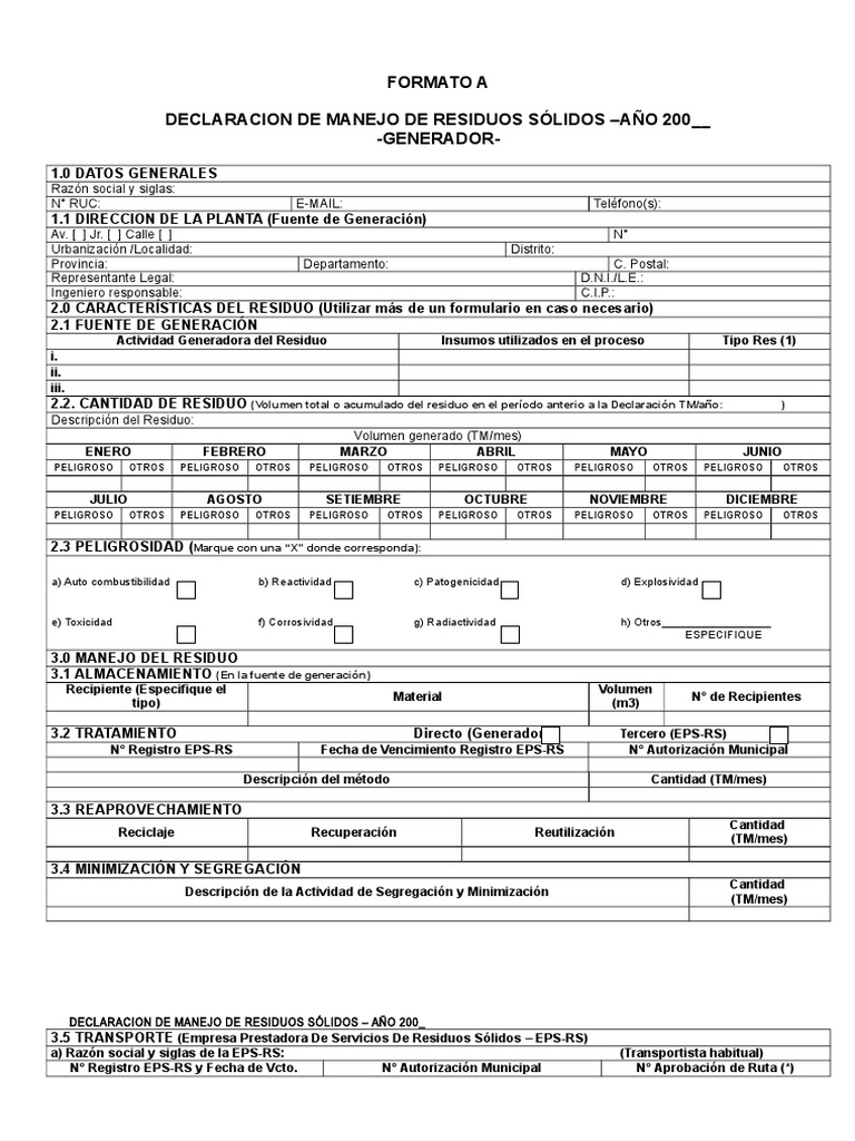 Formato A Declaración Anual de Manejo de Residuos Sólidos” y Reciclaje Residuos